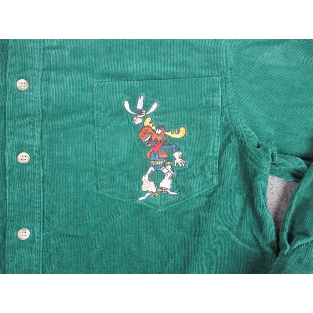 VINTAGE Rocky & Bullwinkle Shirt Mens Small Green Pocket Embroidery Corduroy VTG - Picture 2 of 8